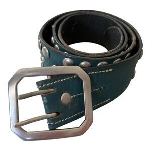 Y2K Studded Genuine Leather Belt Teal Green Solid Brass Buckle Unisex Bling L